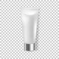 3d vector realistic cream tube with silver lid on transparent background. Cosmetic packaging for design.